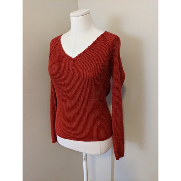 Vintage Y2K Rust Red Ribbed V-Neck Sweater Knit Top Cotton School Bella Swan L - Picture 3 of 10